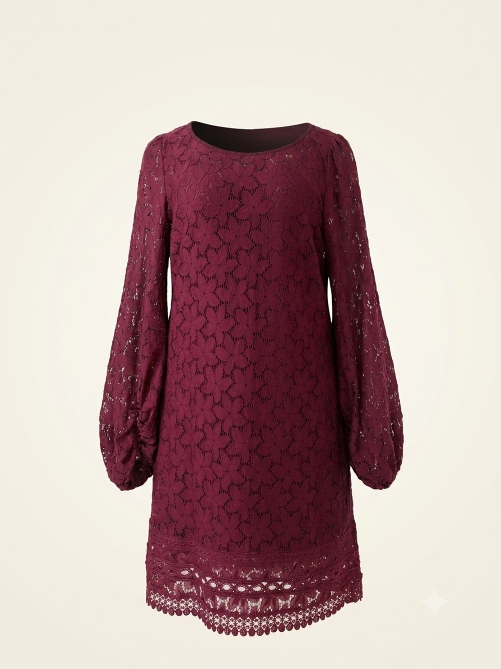 Laundry By Shelli Segal Burgundy Lace Shift Dress with Balloon Sleeves